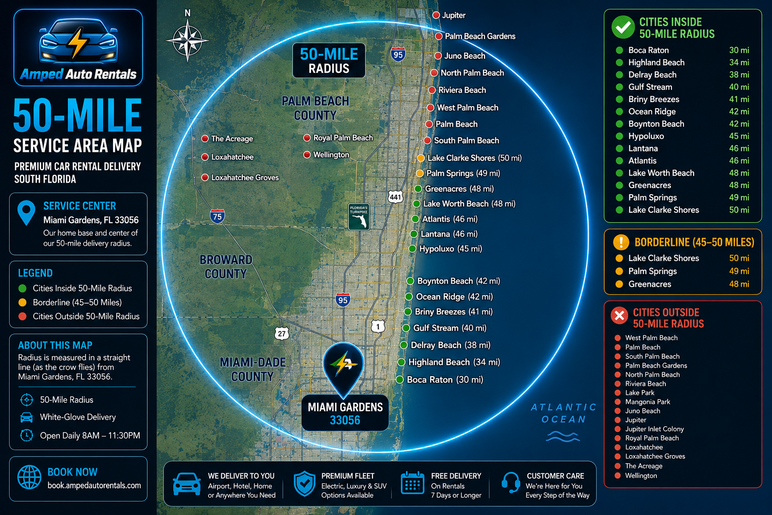 Amped Auto Rentals car rental delivery service area map covering Miami-Dade, Broward and Palm Beach counties within 50 miles of Miami Gardens