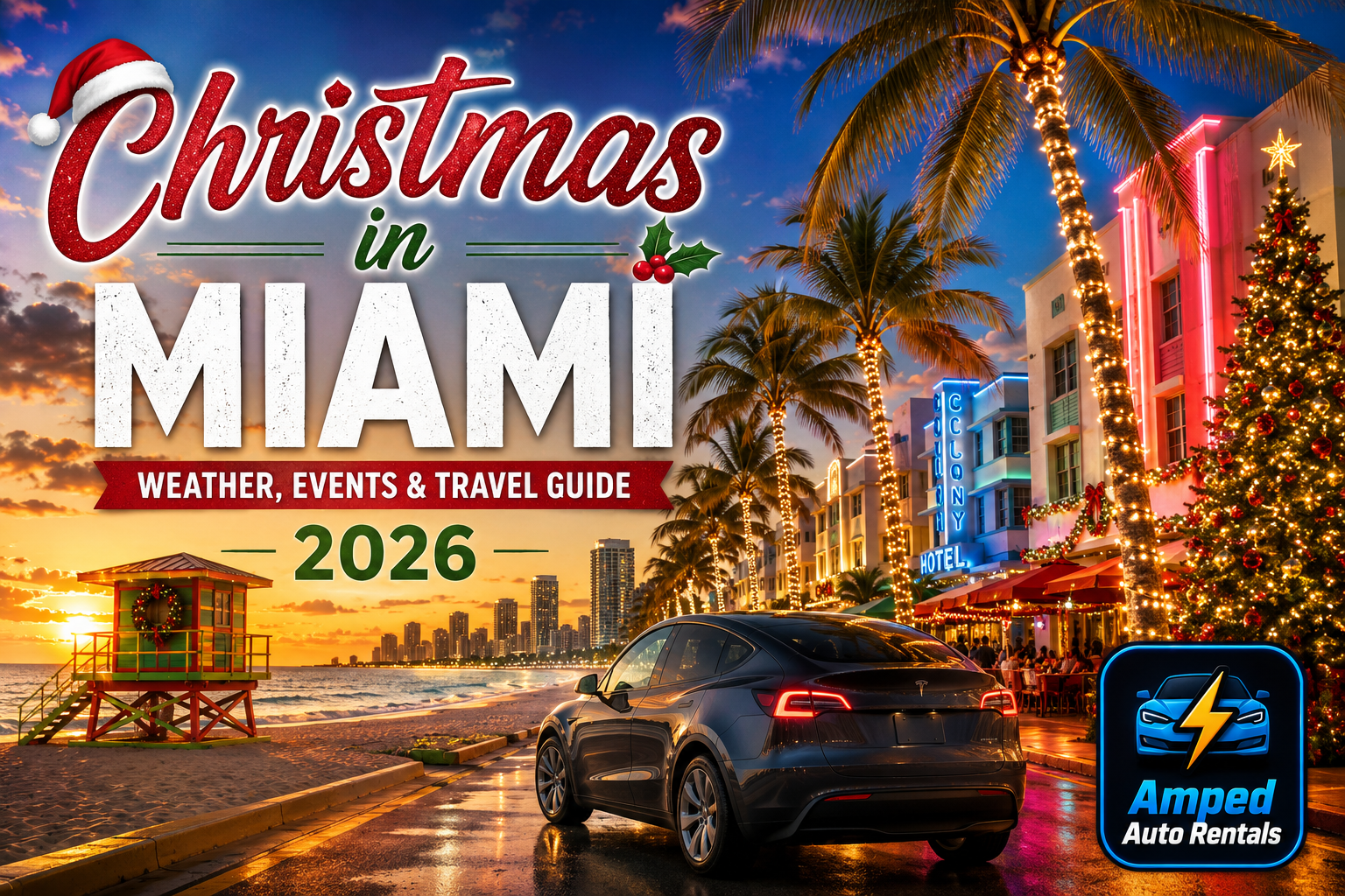 Christmas in Miami 2026 - weather, events and travel guide, with a Tesla rental on a lit-up Ocean Drive in South Beach