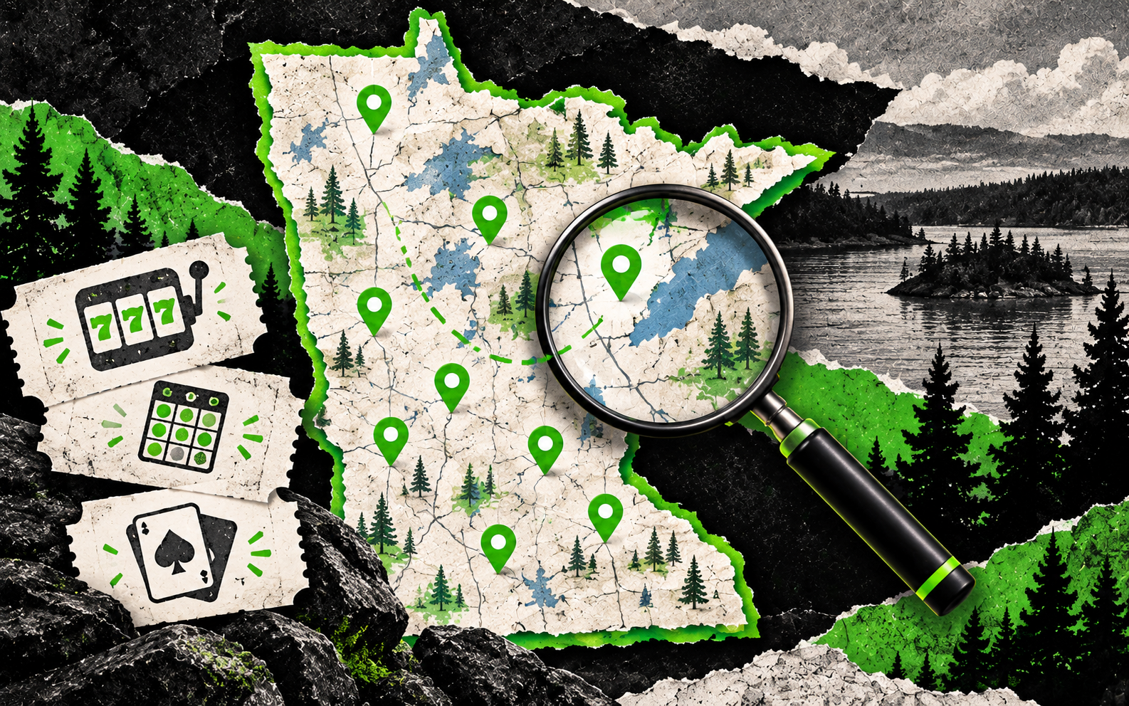 Illustrated Minnesota map with green location pins, a magnifying glass and gaming symbols in a black-and-green torn-paper design.