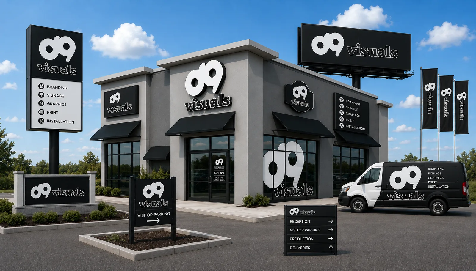 Rendering of the D9 Visuals building with a full signage package: pylon sign, channel letters, window graphics, wayfinding, flags, and a branded van.