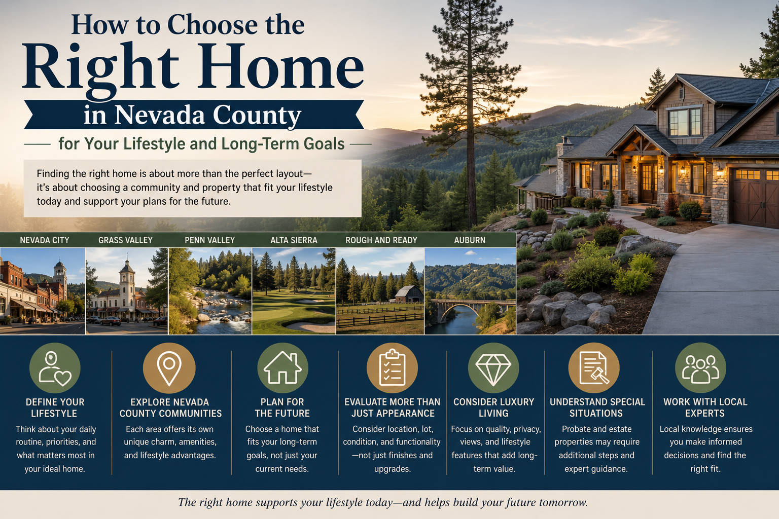 Luxury home in Nevada County surrounded by pine trees, representing how to choose the right home for your lifestyle and long-term goals in California.