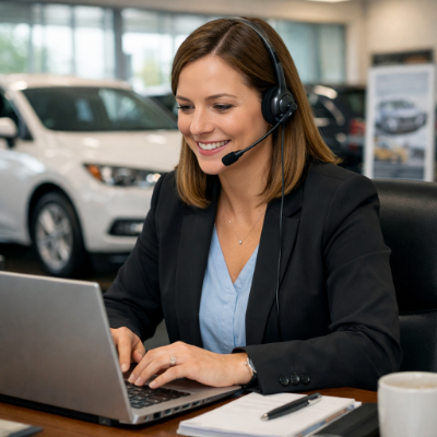 Woman working in automotive BDC or sales development role.