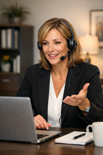 Woman coaching automotive sales team through client success training.