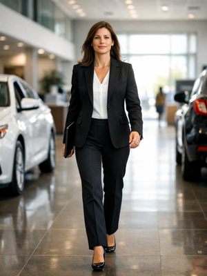 Woman in automotive leadership walking confidently toward future growth.