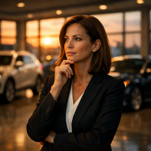 Female automotive leader reflecting on growth and leadership development.