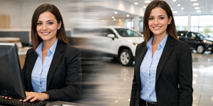 Woman beginning career in automotive dealership front desk role before moving into sales.