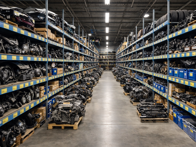 Organized indoor auto recycling warehouse with shelves of auto parts