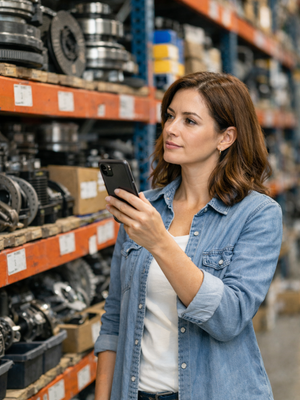 Woman inspecting auto parts inventory inside recycling facility