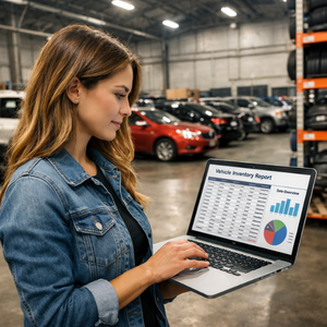 Automotive business owner using technology to manage parts inventory