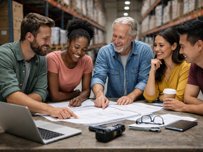 Automotive team collaborating in organized parts warehouse