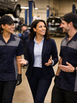 Automotive leader engaging with service team members