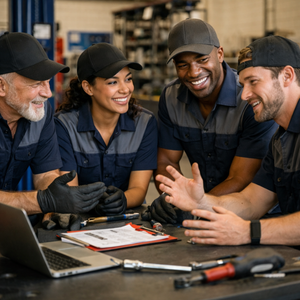 Automotive team collaborating on operational improvements