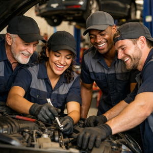 Automotive technicians working together in service shop environment