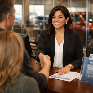 Dealership receptionist assisting customer in service area