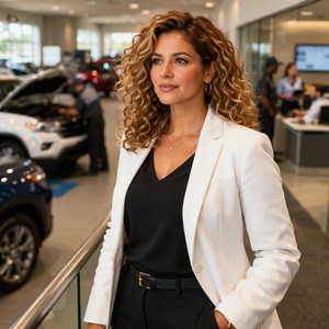 Woman observing dealership operations and learning industry differences.