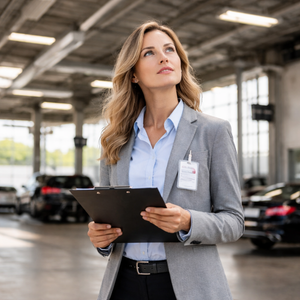 Facilities manager inspecting dealership infrastructure and safety systems 