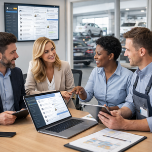 Dealership team collaborating to improve communication and processes