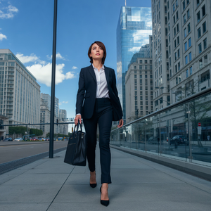 Professional woman stepping confidently forward into unknown environment, symbolic of risk-taking and growth, strong posture