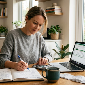 Woman creating a financial recovery plan after a major life transition