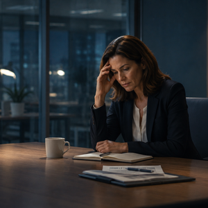 Professional woman carrying emotional stress after workplace conflict Professional woman carrying emotional stress after workplace conflict