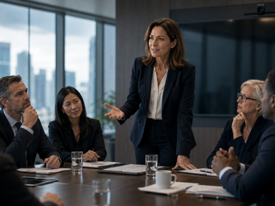 Woman navigating leadership double standards in professional meeting Woman navigating leadership double standards in professional meeting