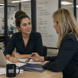 Younger employee discussing growth opportunities and career development Younger employee discussing growth opportunities and career development