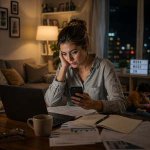 Professional woman struggling with work-life boundaries and constant availability Professional woman struggling with work-life boundaries and constant availability