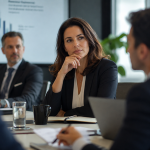 Woman overcoming fear and self-doubt before speaking in a leadership meeting Woman overcoming fear and self-doubt before speaking in a leadership meeting