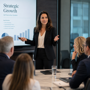 Woman speaking confidently with executive presence in a leadership meeting Woman speaking confidently with executive presence in a leadership meeting
