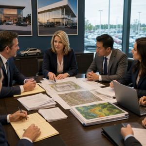 Automotive real estate professionals evaluating a complex dealership property transaction