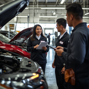 Female fixed operations leader collaborating with a dealership service team