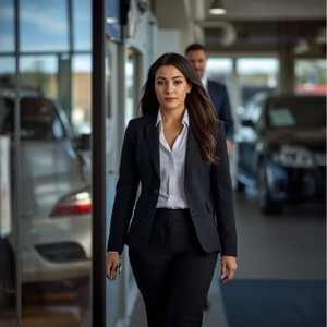 Woman leaving an automotive workplace at the end of the day