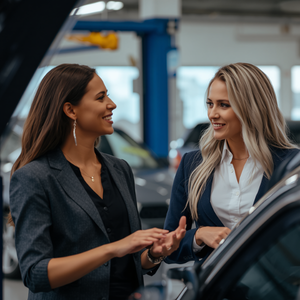Two women talking together in an automotive workplace