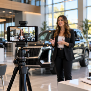 Smartphone set up to record automotive sales content inside a dealership. Smartphone set up to record automotive sales content inside a dealership.