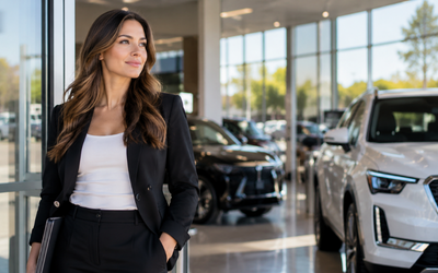 Woman sales professional standing near the entrance of an automotive dealership. Woman sales professional standing near the entrance of an automotive dealership.