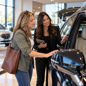 Woman car buyer discussing vehicle features with a sales professional in a dealership. Woman car buyer discussing vehicle features with a sales professional in a dealership.