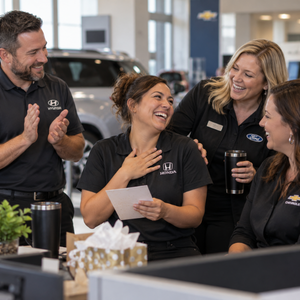 Dealership team celebrating an everyday workplace success together Dealership team celebrating an everyday workplace success together