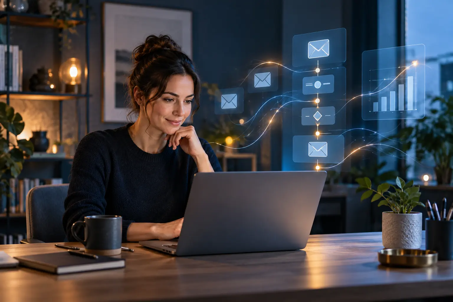 Business owner reviewing a digital workflow beside a laptop