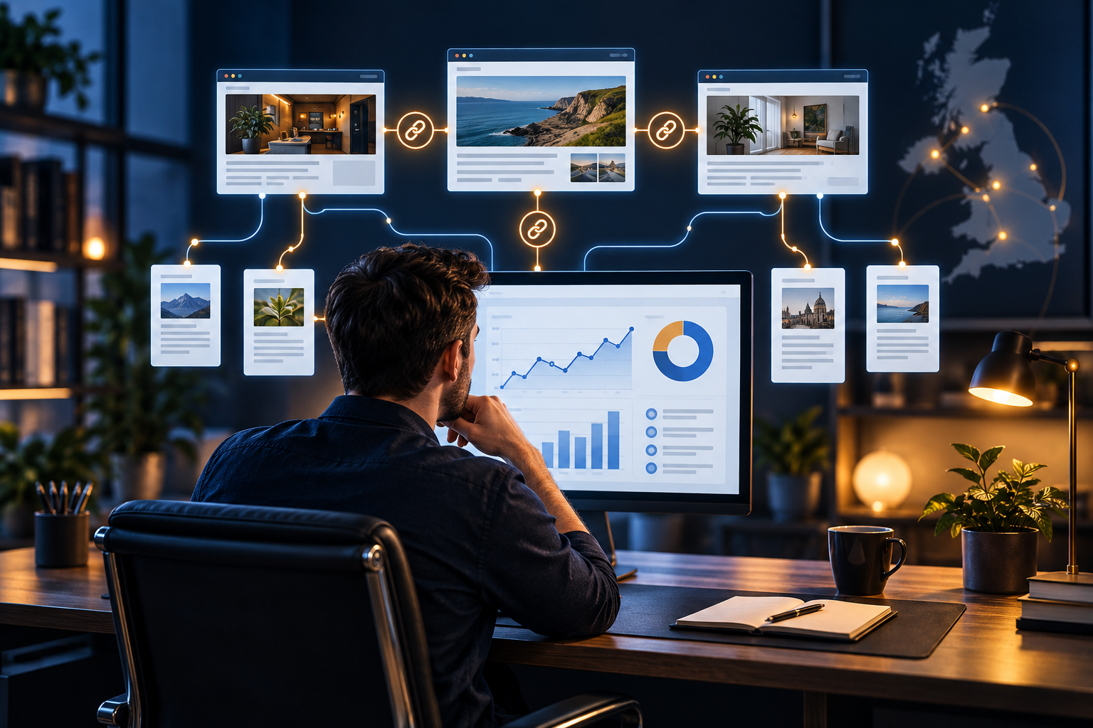 Digital marketer reviewing a managed backlink campaign with connected websites, content placements and performance reporting