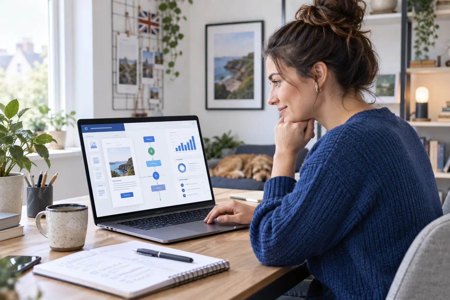 Small-business owner reviewing an email newsletter, automation journey and campaign analytics on a laptop