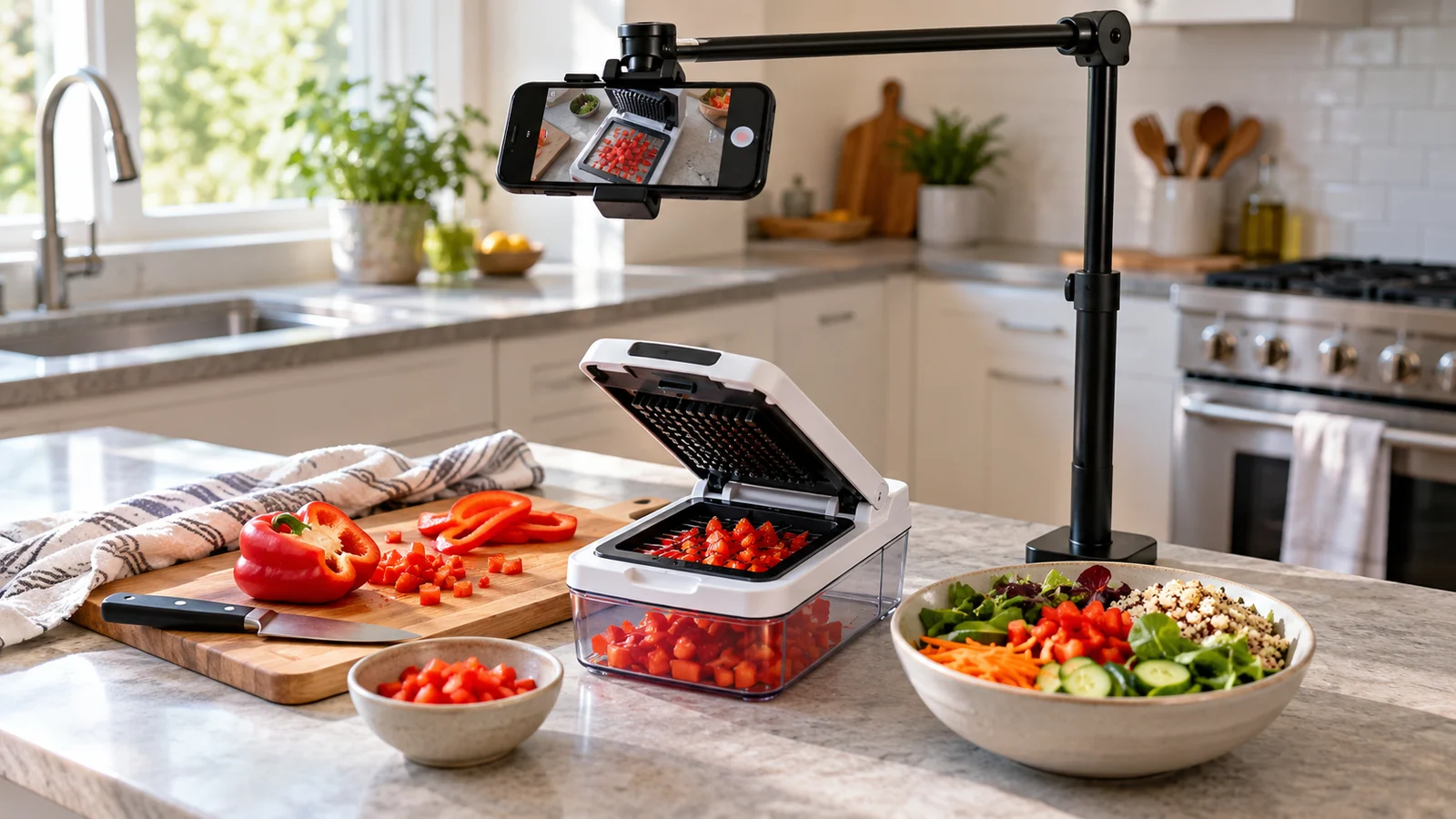 Phone filming a vegetable chopper demonstration on a kitchen counter