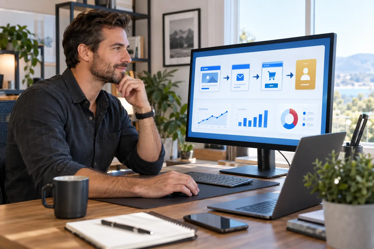 Digital entrepreneur reviewing a visual sales funnel and conversion analytics on a large monitor