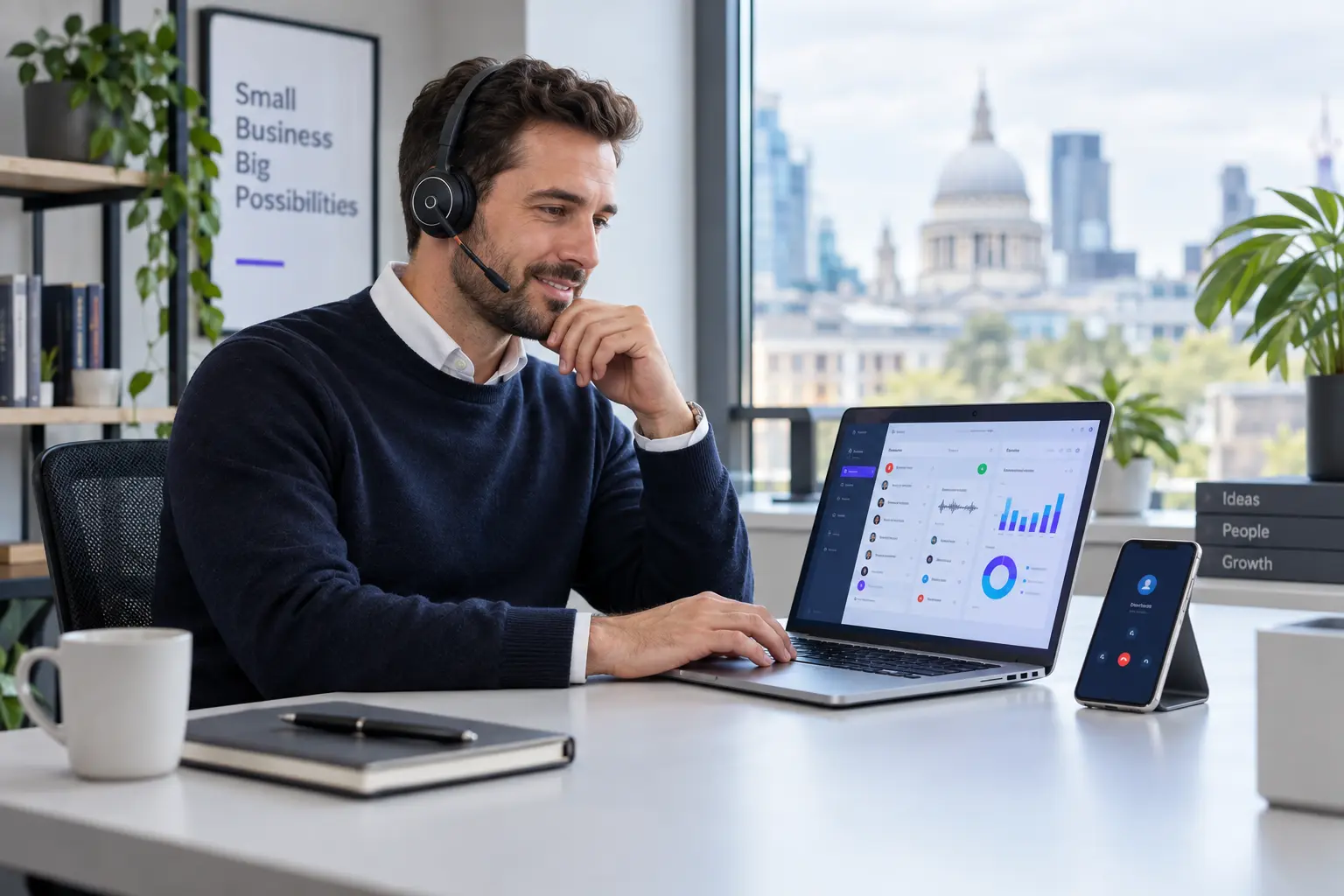 Small-business owner using a headset, smartphone and cloud phone analytics dashboard on a laptop