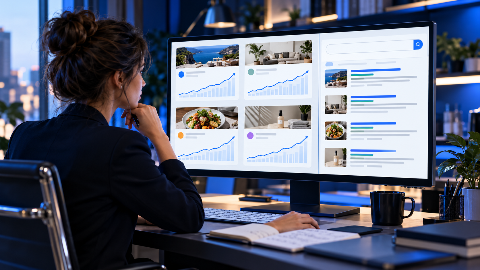 Analyst comparing four website SEO case studies and search growth charts