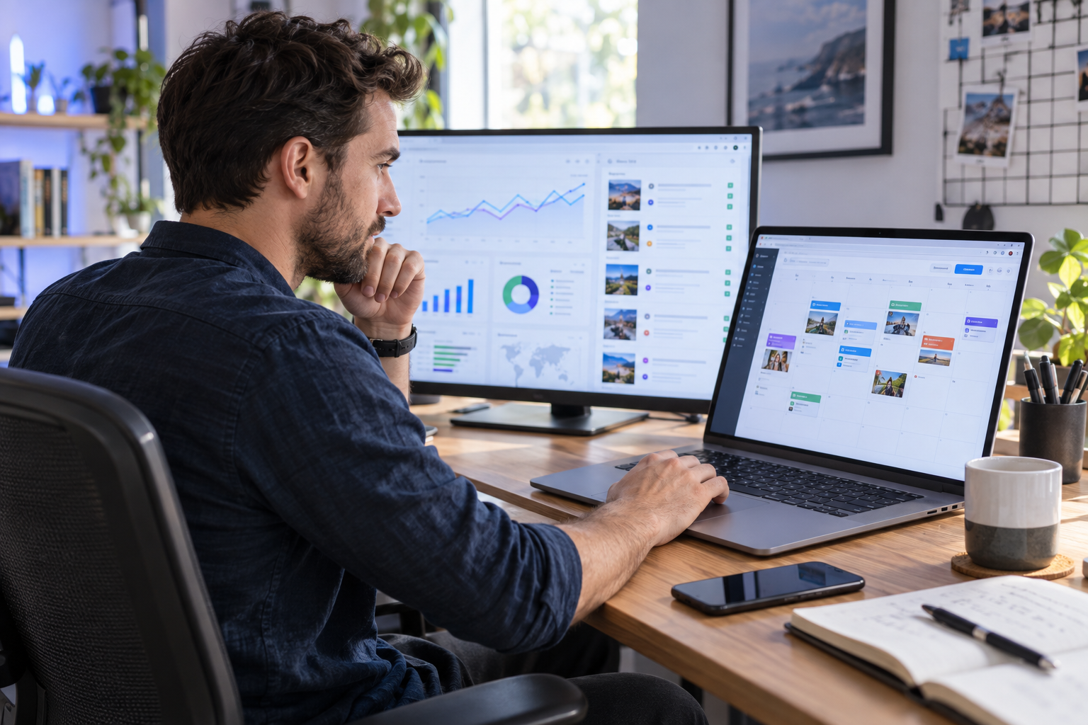 Digital marketer planning social media content and reviewing a publishing calendar
