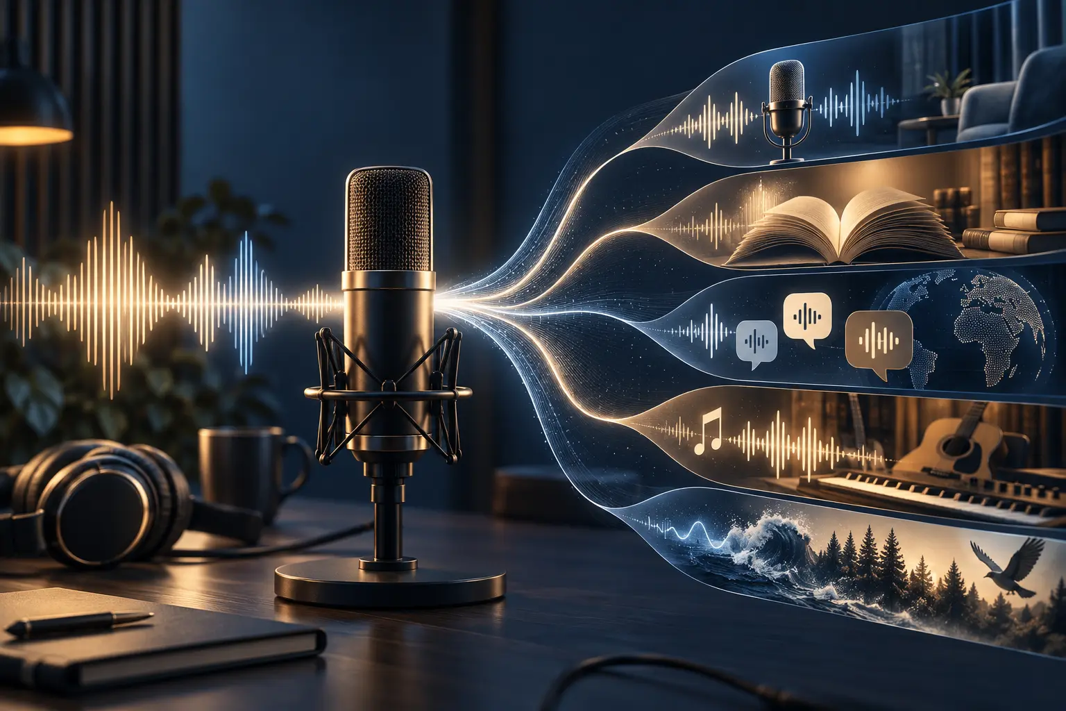 Studio microphone with digital waveforms representing AI voice cloning, podcasts, audiobooks, dubbing and music