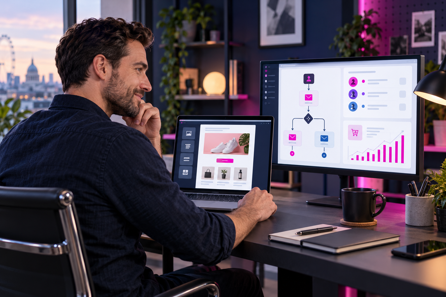 Male ecommerce marketer reviewing an email campaign, customer segments, automation workflow and revenue analytics