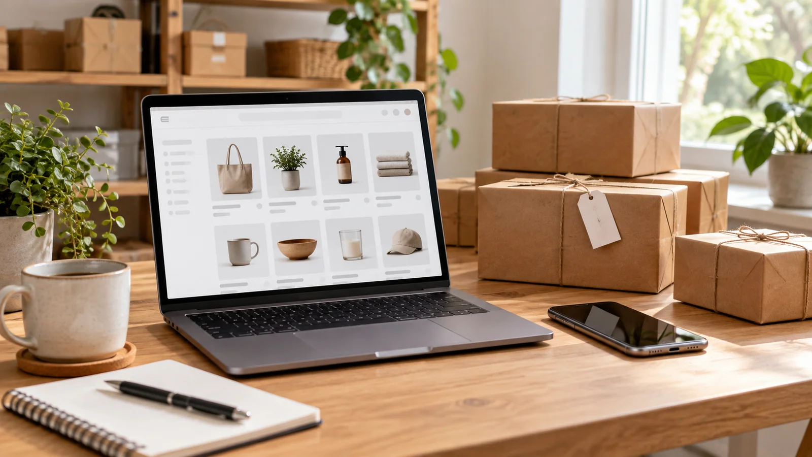 Laptop and phone beside parcels at an online retailer workstation