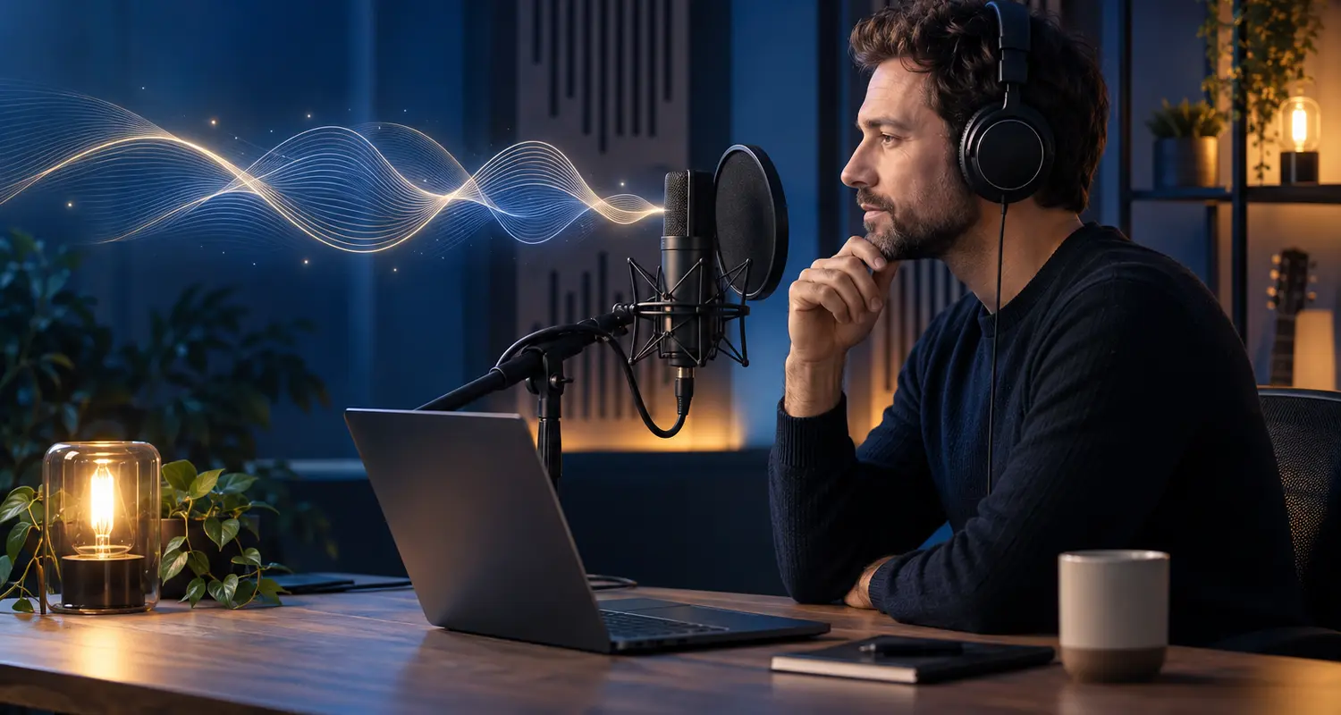 Male content creator reviewing an AI voiceover beside a studio microphone and laptop with an abstract audio waveform