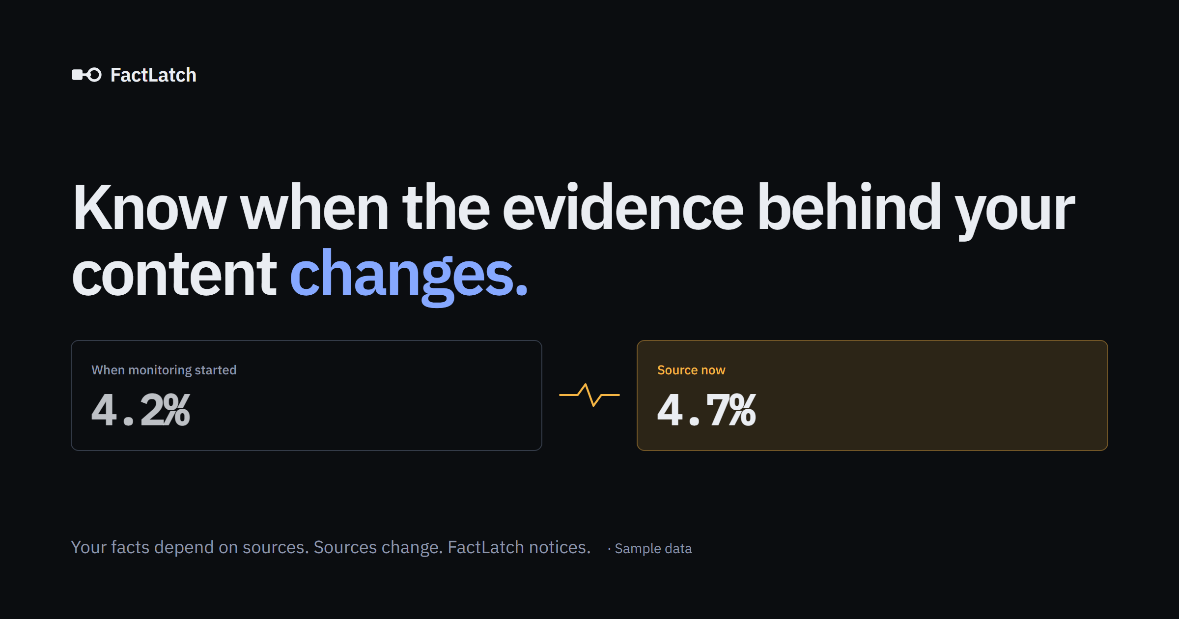 FactLatch promotional graphic illustrating a source evidence change with sample data
